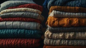A pile of colorful sweaters and sweaters Versatile and cozy fashion items for various occasions. photo