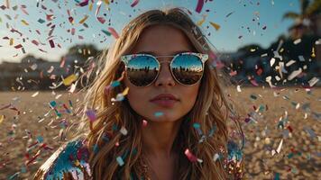 A young girl wearing sunglasses is covered in confetti, adding a playful touch to her appearance. photo