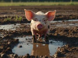 A little piglet is standing in a puddle of mud A scene on a farm. photo