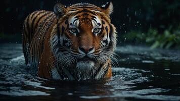A majestic tiger, with piercing eyes and wet fur, emerges from dark waters, creating a dramatic and intense atmosphere. photo