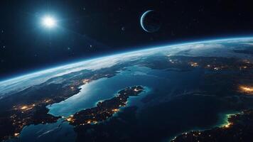 Abstract concept photo with planet earth, glow, stars and water.