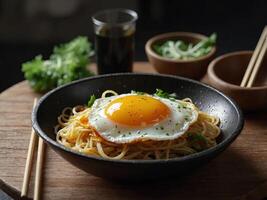 A staple food consisting of noodles topped with a fried egg, a delicious combination of ingredients on a tableware garnished with leaf vegetable. photo