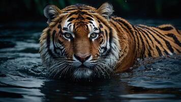 A majestic tiger, with piercing eyes and wet fur, emerges from dark waters, creating a dramatic and intense atmosphere. photo