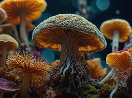 A microscopic closeup view of vibrant fungi structures with diverse shapes and colors. photo