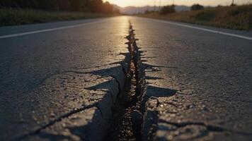 a big crack on a concrete highway close-up view dusk earthquake destruction concept. photo