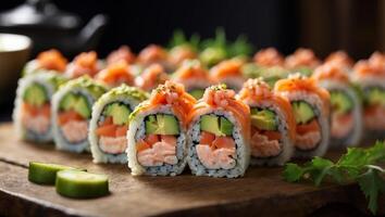 Philadelphia roll sushi with salmon prawn avocado cream cheese Sushi menu with copy space image Place for adding text or design. photo