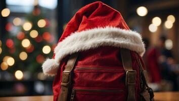 Santa Claus hat on student bag School with no classes, no classrooms, Long weekend for christmas and holiday season. photo