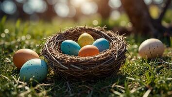 Nest with easter eggs in grass on a sunny spring day - Easter decoration, banner, panorama, background with copy space, happy easter day concept backgrounds. photo