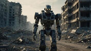Military robot are walking on a battlefield covered with human bones and destroyed buildings The concept of the future Apocalypse. photo