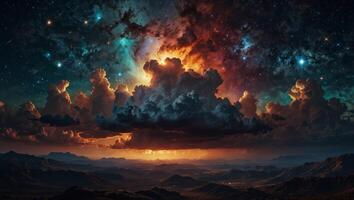 This stunning image captures the vastness and beauty of a cosmic scene, highlighting vibrant clouds and shining stars in deep space. photo