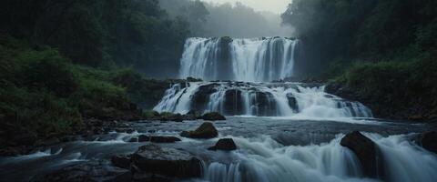 This captivating photograph captures the raw power and beauty of a cascading waterfall, its misty veil illuminated by the soft light of dawn ,. photo