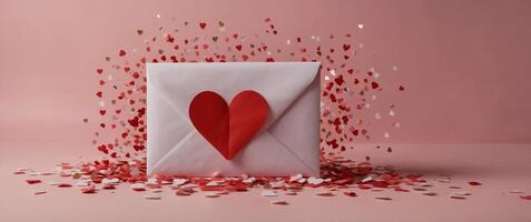 Red paper envelope with blank white note mockup inside, red hearts and confetti on pastel pink background. photo