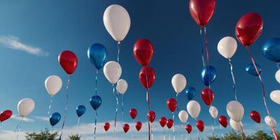 Red, white, and blue balloons with glossy finish floating under blue sky Memorial Day. photo