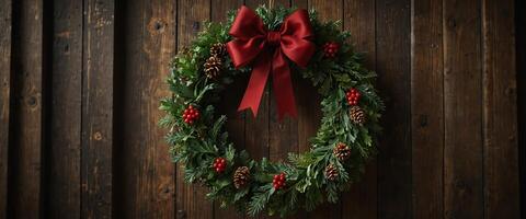 Homemade Christmas wreath hanging on a rustic wooden door, emphasizing holiday welcome. photo