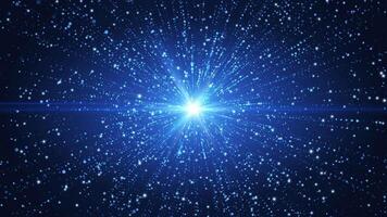 Flying sparkling and shiny particles of dust and stars, falling blue glowing, abstract rain of dots. An explosion of particles from the bright sky light. Digital futuristic background video