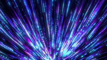 Abstract digital background with glowing neon particles or bright rays of dotted light. movement of a stream of glowing bright lines of particles. Futuristic kibe background. Seamless loop video