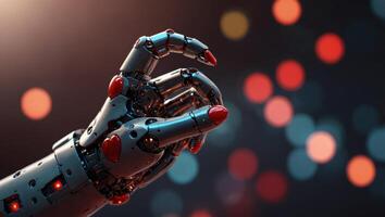 humanoid robot hand pointing with finger to a shiny red heart, concept of digital valentine's day, futuristic way of romance. photo