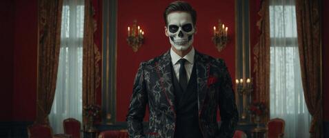 full length of stylish couple in skull makeup and elegant suits posing with hands in pockets on red. photo