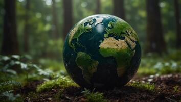 green planet Earth on the forest ground, concept for environmental protection and World Environment Day background with copy space. photo