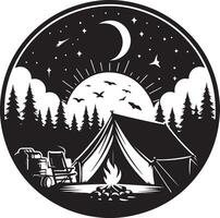 Hand Drawn Minimalist Camping Linocut Silhouette Elegant Black and White Sleek Monochromia Icon vector