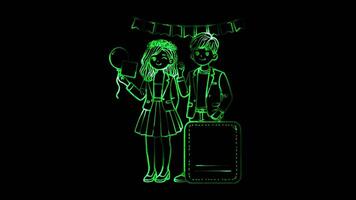 Glowing looping Coming of Age Day Two people at a modern Coming of Age Day celebration. neon frame effect, black background. video