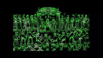Glowing looping Coming of Age Day Japan Historical depiction of the Coming of Age ceremony. neon frame effect, black background. video