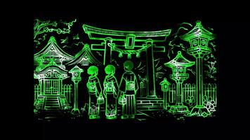 Glowing looping Coming of Age Day Japan Shinto shrine visit . neon frame effect, black background. video
