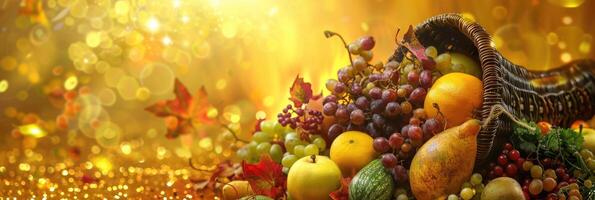 Cornucopia, horn of plenty with fruits, vegetables and berries on golden background with copy space. Harvest and abundance concept photo