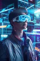 Young man wearing augmented reality glasses. Futuristic virtual charts and graphs on floating data high-tech interface displays photo