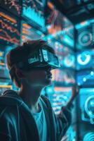 Boy wearing augmented reality glasses. Futuristic virtual charts and graphs on floating data high-tech interface displays photo