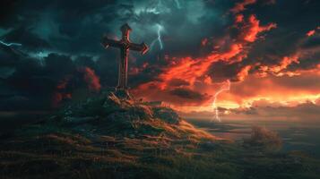 Old cross on hill with thunderclouds and lightning in the gray and red sky. Dark ancient gothic Halloween atmosphere photo