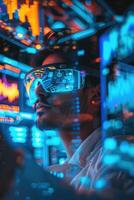 Young man wearing augmented reality glasses. Futuristic virtual charts and graphs on floating data high-tech interface displays photo