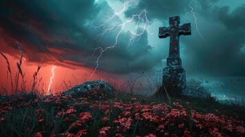 Celtic cross on hill with thunderclouds and lightning in the red and grey sky. Dark ancient gothic Halloween atmosphere photo