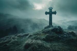 Ancient cross on the hill with dark clouds in the grey sky. Gothic scary atmosphere photo
