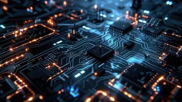 Circuit board and its elements, concept of artificial intelligence, virtual reality, code writing, data programming, technology and innovation photo