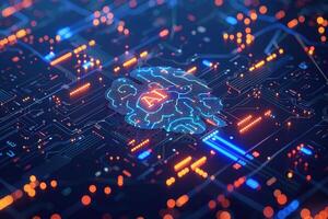 AI letters inside digital brain on dark background. Concept of artificial intelligence, circuit elements, technology, science and innovation photo