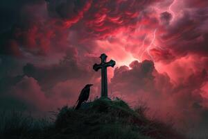 Cross on the hill and raven sitting next to it, thunderclouds and lightning in the red sky. Dark ancient scary gothic Halloween ambience photo