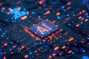 AI letters on dark tech background. Concept of artificial intelligence, circuit elements, technology, science and innovation photo