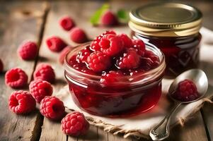 Raspberry jam, marmalade and fresh raspberries on a wooden tableRaspberry jam, marmalade and fresh raspberries on a wooden table photo
