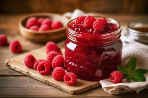 Raspberry jam, marmalade and fresh raspberries on a wooden tableRaspberry jam, marmalade and fresh raspberries on a wooden table photo