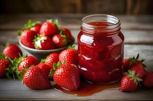 Strawberry jam, marmalade and fresh strawberries on a wooden table photo