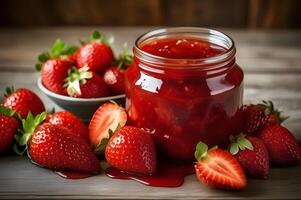 Strawberry jam, marmalade and fresh strawberries on a wooden table photo