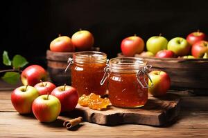 Apple jam, marmalade and fresh apples on a wooden table photo