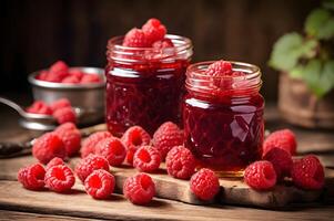 Raspberry jam, marmalade and fresh raspberries on a wooden tableRaspberry jam, marmalade and fresh raspberries on a wooden table photo