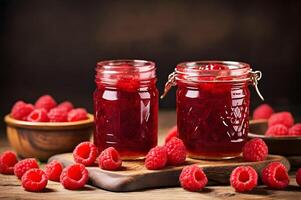 Raspberry jam, marmalade and fresh raspberries on a wooden tableRaspberry jam, marmalade and fresh raspberries on a wooden table photo