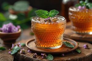 A bowl of kvass, a traditional Russian fermented beverage, served in a glass with a sprig of mint. photo