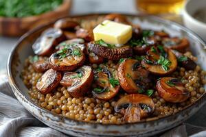A bowl of buckwheat kasha with roasted mushrooms, garnished with fresh parsley and a pat of butter. photo