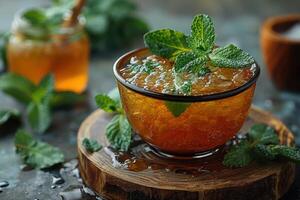 A bowl of kvass, a traditional Russian fermented beverage, served in a glass with a sprig of mint. photo