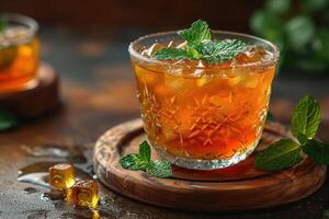 A bowl of kvass, a traditional Russian fermented beverage, served in a glass with a sprig of mint. photo