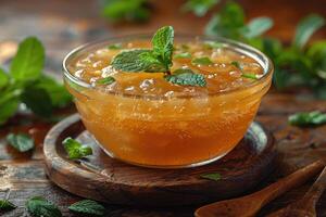 A bowl of kvass, a traditional Russian fermented beverage, served in a glass with a sprig of mint. photo
